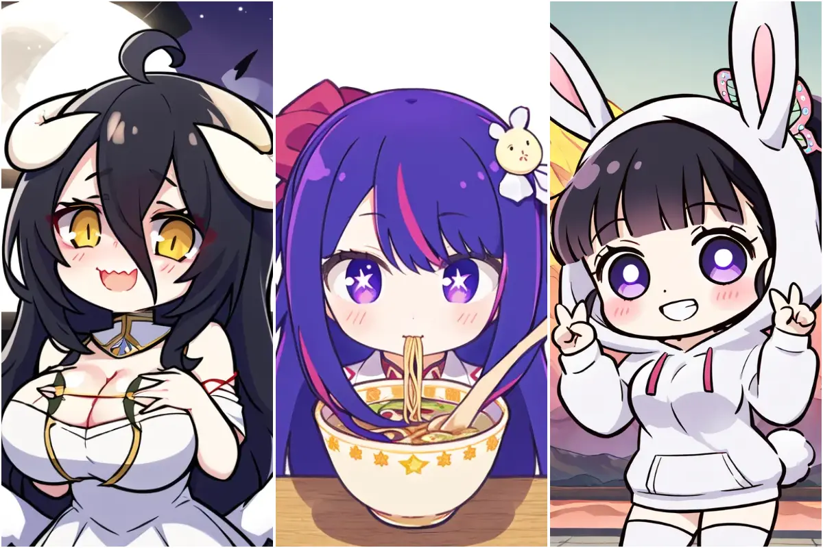 three anime characters in chibi style