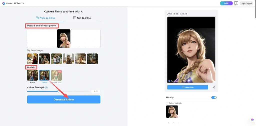 Remaker AI による写真アニメ化の生成結果