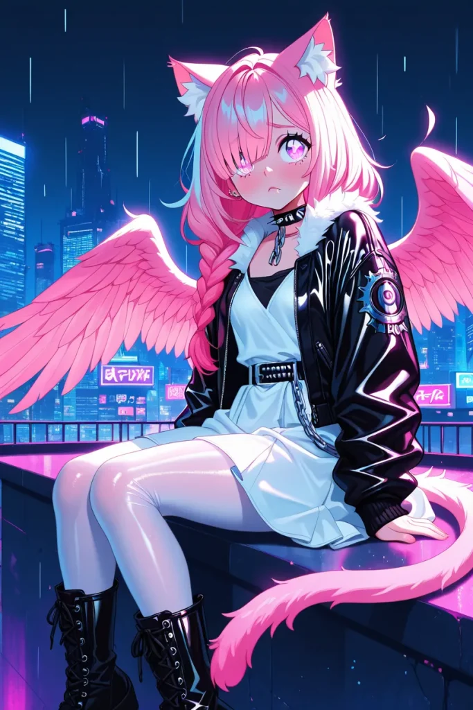 Cyberpunk catgirl with pink hair and wings in a neon city at night