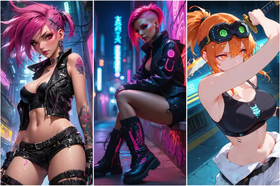 three AI-made cyberpunk character