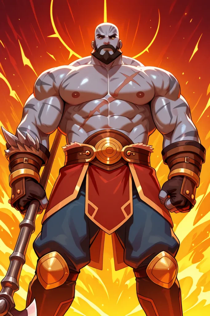 A powerful bald barbarian with glowing orange energy behind him, standing confidently with a battle axe in a fiery DnD fantasy style
