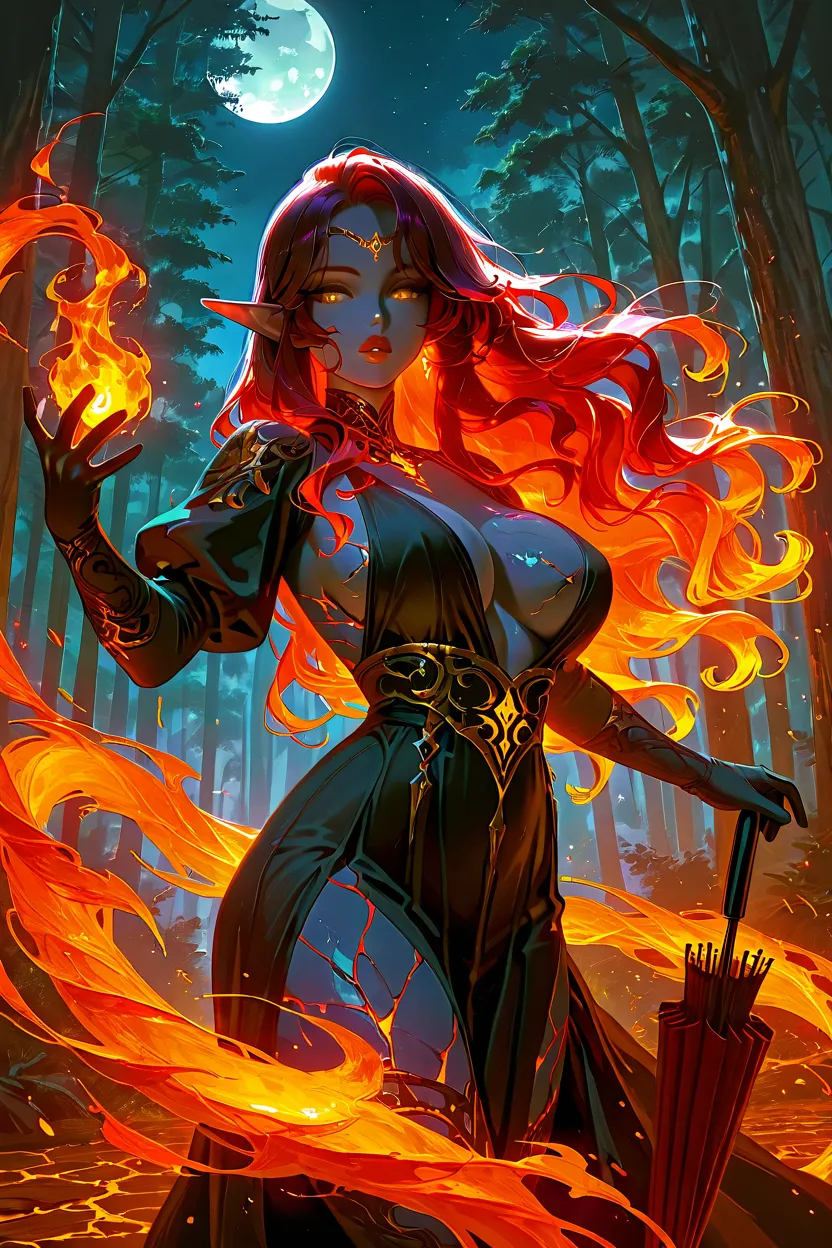 A powerful fire sorceress with fiery red hair and glowing molten magic swirling around her in a nighttime forest