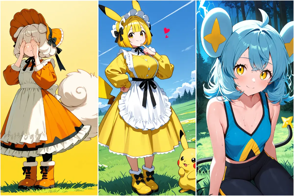 three kawaii girls with pokemon style outfit