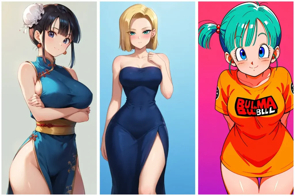 three dragon character: chichi, Android 18 and Bulma