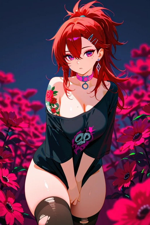 深紅の花に囲まれた黒い衣装の赤髪アニメ女性