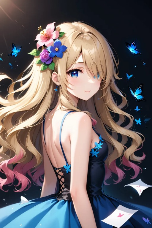 花と青い蝶に囲まれた金髪のアニメ少女