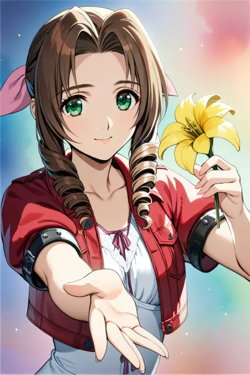 黄色い花を持つ茶髪のアニメ少女