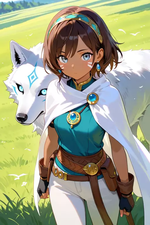 白いオオカミと並ぶ褐色肌のファンタジーアニメ冒険者