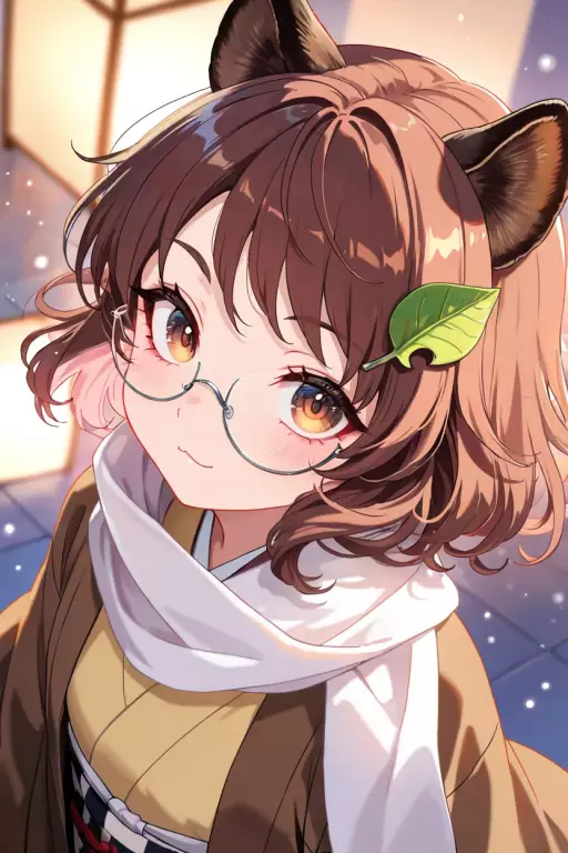 眼鏡と白いマフラーを着けた茶髪の猫耳アニメ少女