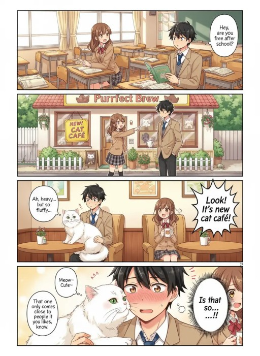 四コマ漫画：猫カフェの日常
